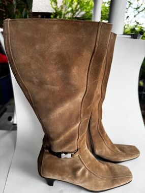Prada Tan Suede Knee High Kitten Heel Boot Nylon Buckle Strap EU 39 Made Italy